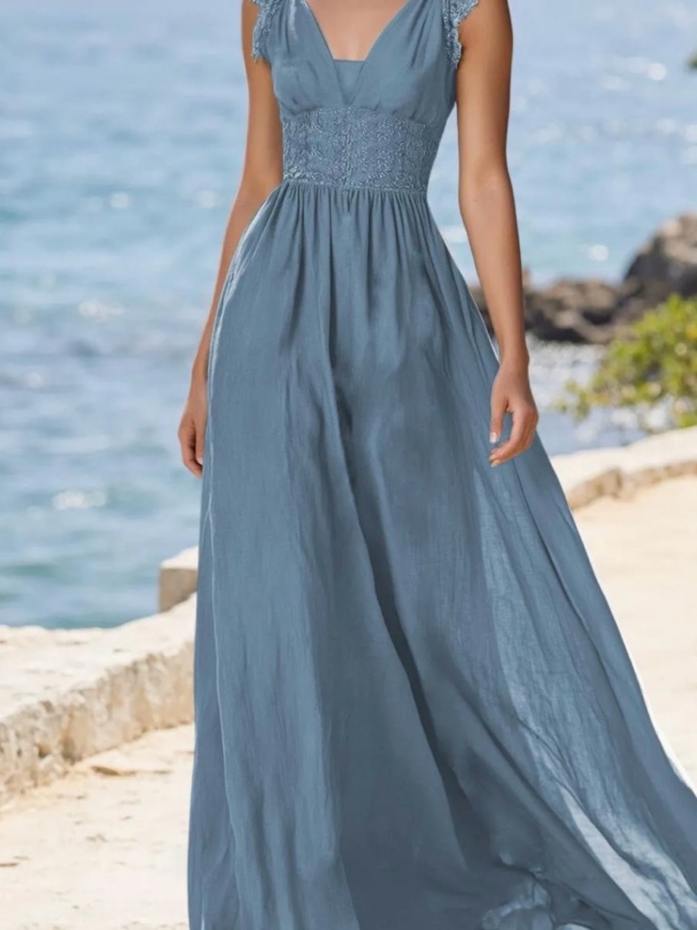 Elegant Light Blue Maxi Dress with Lace Waist #161